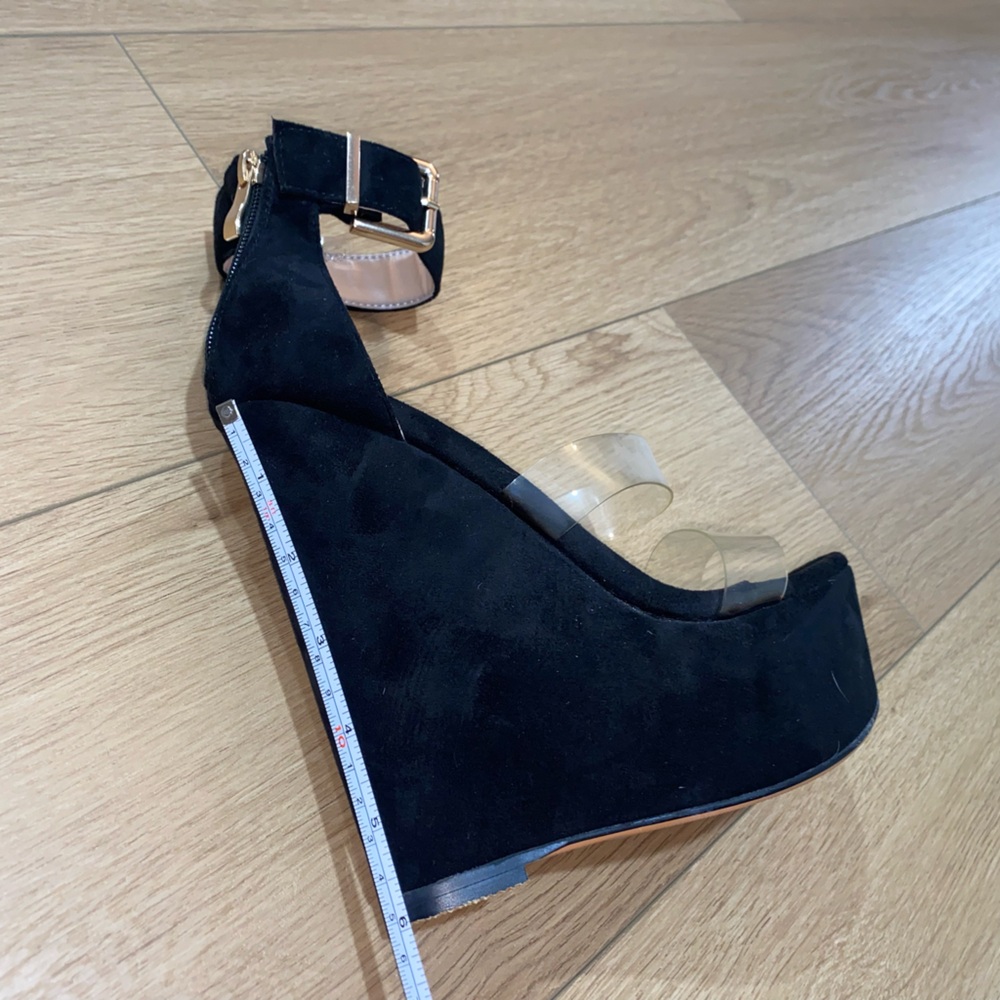 Suede Platform Black Wedge Sandals - Picture 9 of 10
